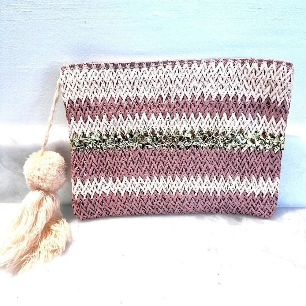 Shiraleah Woven Jute Zip Tassel With Metallic Detail Clutch Bag Pink Gold